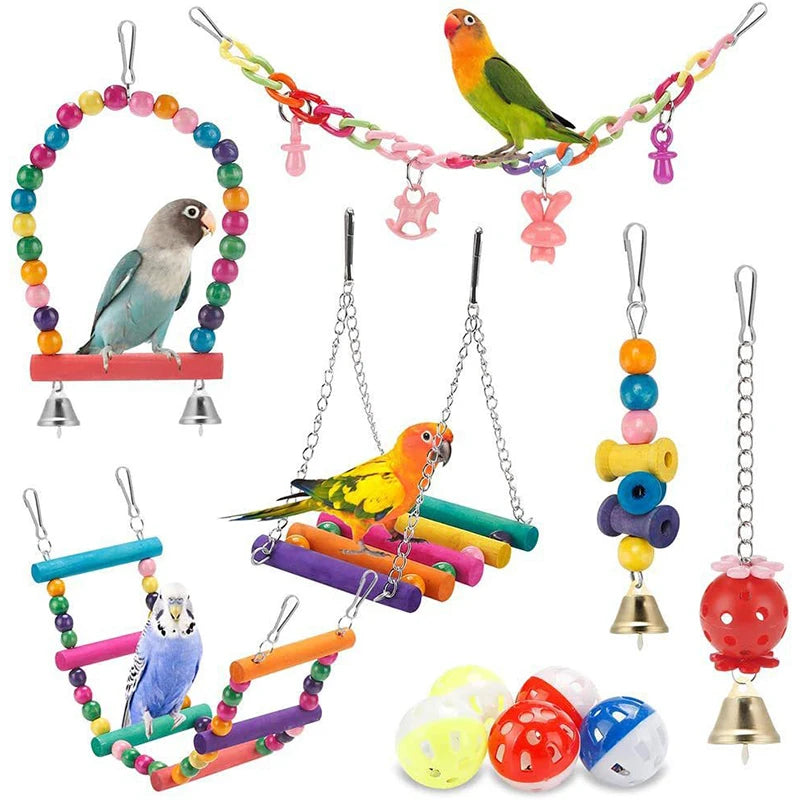 Bird Cage Toys for Parrots, Wood Birds, Swing Reliable, Chewable Bite, Bridge Wooden Beads, Shape Parrot Toy, 11pcs Bird Toys