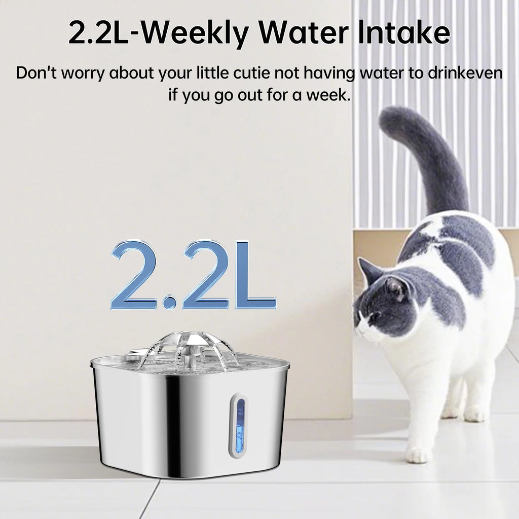 2.2L/74OZ Automatic Cat Fountain, Stainless Steel Pet Water Dispenser, Silent Water Pump, Circulation Filtering, Visual Window
