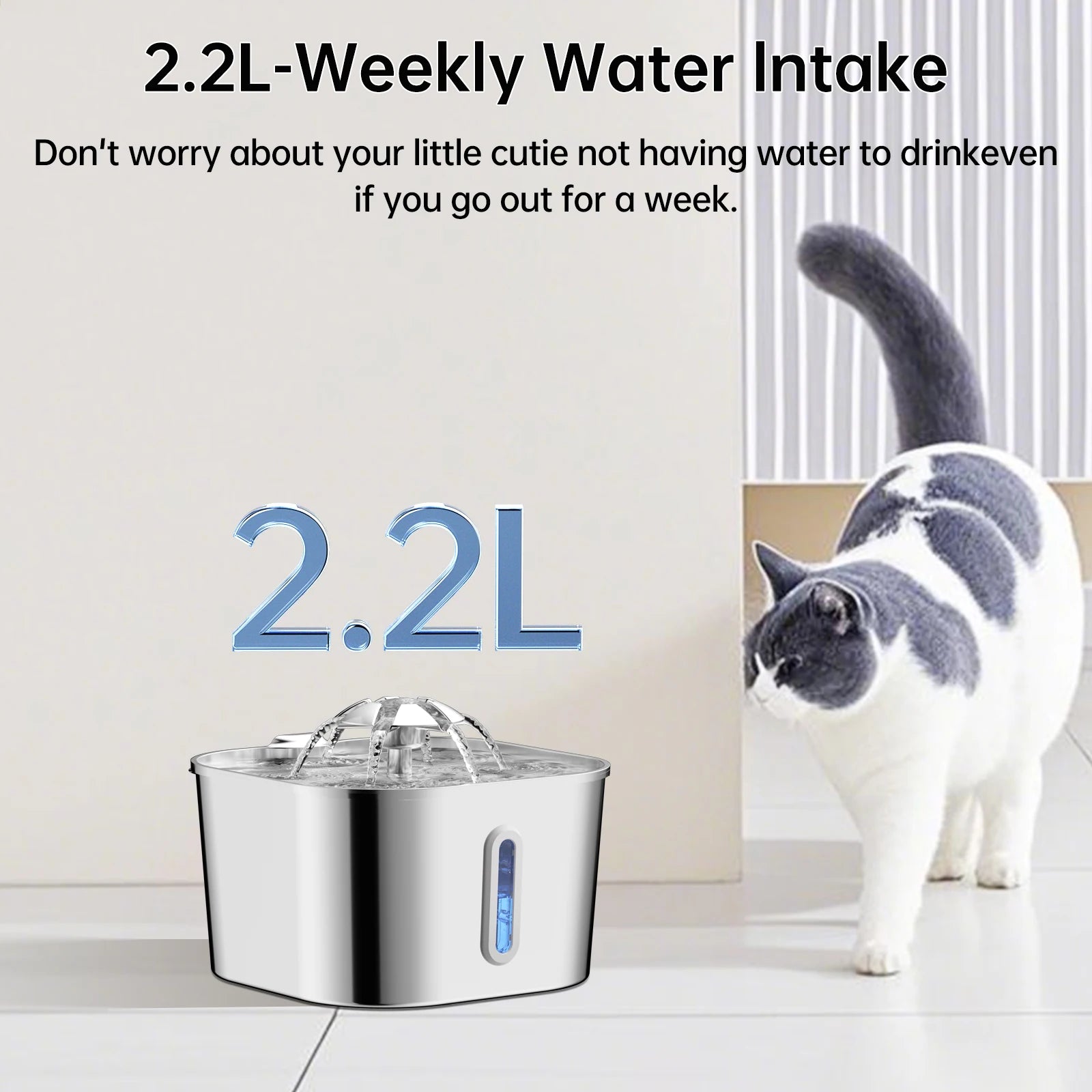 2.2L/74OZ Automatic Cat Fountain, Stainless Steel Pet Water Dispenser, Silent Water Pump, Circulation Filtering, Visual Window