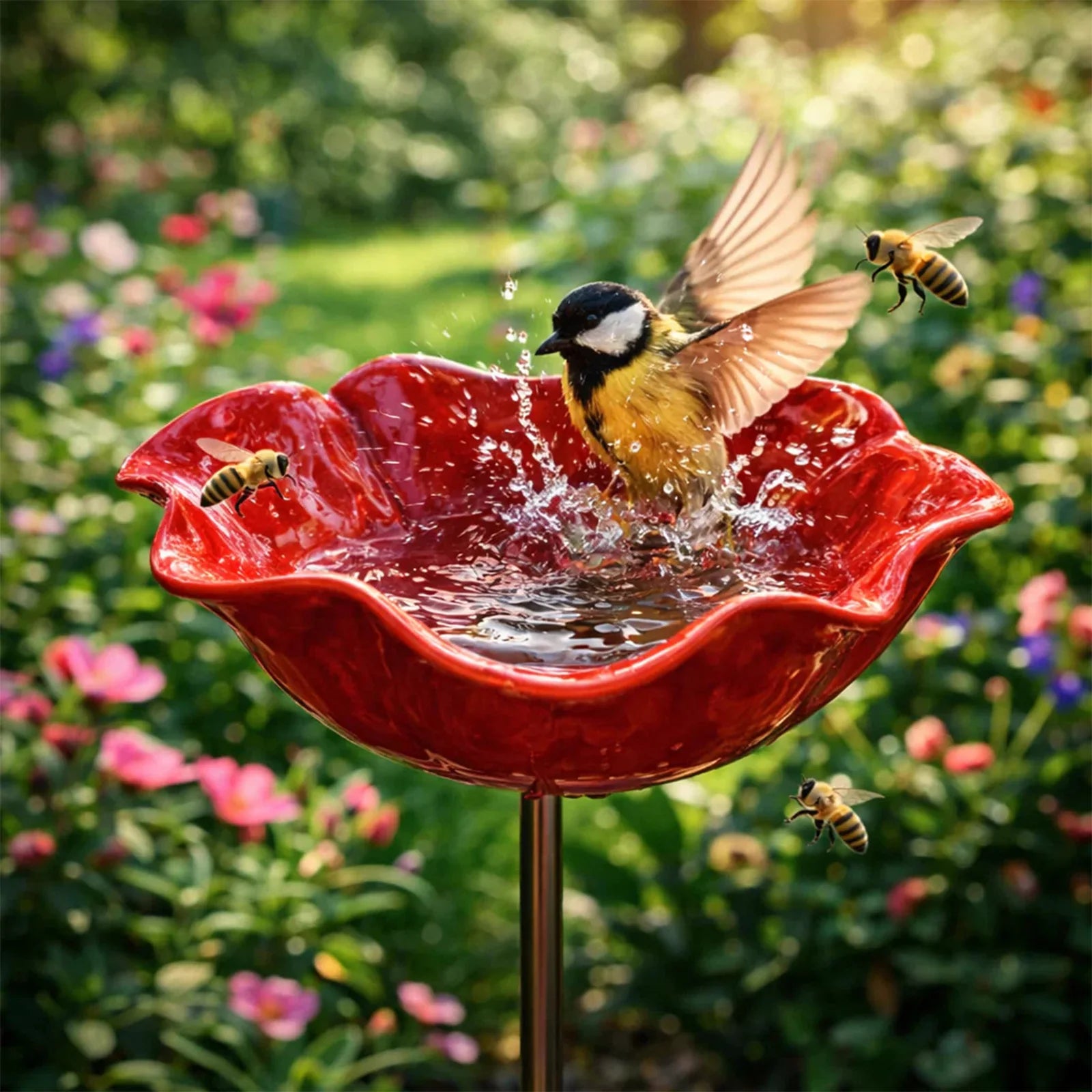 Flower Shaped Bee Watering Station Metal Flower Garden Stake Bird Bath Butterfly Water Feeder Garden Bird Bath Bowls for Outside