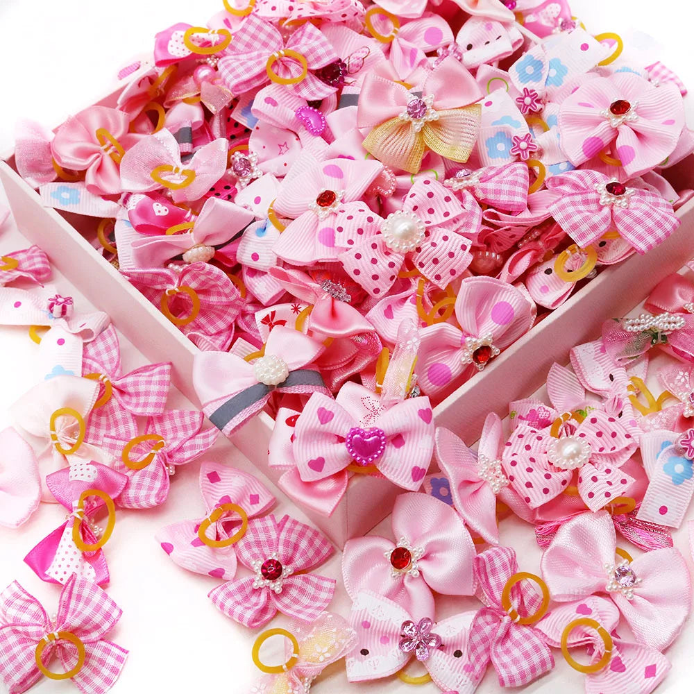 10/20PCS Pink Style Dog Bows With Rubber Bands, Diamonds Cute Dog Bowknots Hair Accessories For Dogs, Pets and Puppy Bows