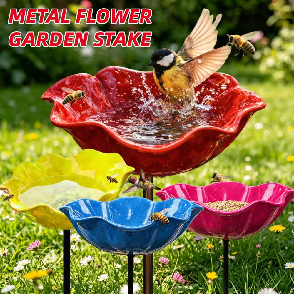 Flower Shaped Bee Watering Station Metal Flower Garden Stake Bird Bath Butterfly Water Feeder Garden Bird Bath Bowls for Outside