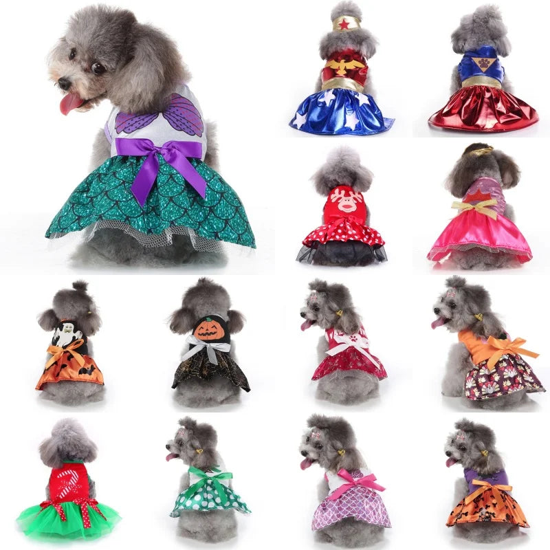 Various Christmas and Halloween Costumes.  We have everything from a  Princess Skirt,  Bat Print Costume, Fashion Bow Dresses, and Fancy Pet Outfits. Fits cats, dogs and puppies.