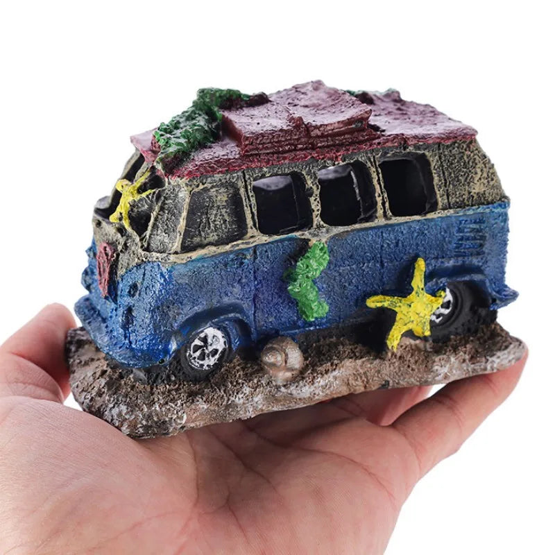 Aquarium Decoration, Decorative Ornaments, Resin Broken Bus Fish Tank Decoration, Simulation Decorative Rocks, Fish Tank Accessories