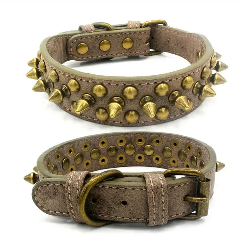 French Bulldog, Pitbull Dogs, Collar Retro Golden Rivet Studded Leather Pet Collar for Small. Medium. Large Dogs Spiked Neck Strap