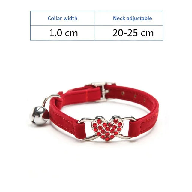 Soft, Comfortable, Plush Cat Collar, Faux Diamond, Heart Elastic Rubber Design with Bell Breakaway, Safety Essential, Pet Accessary