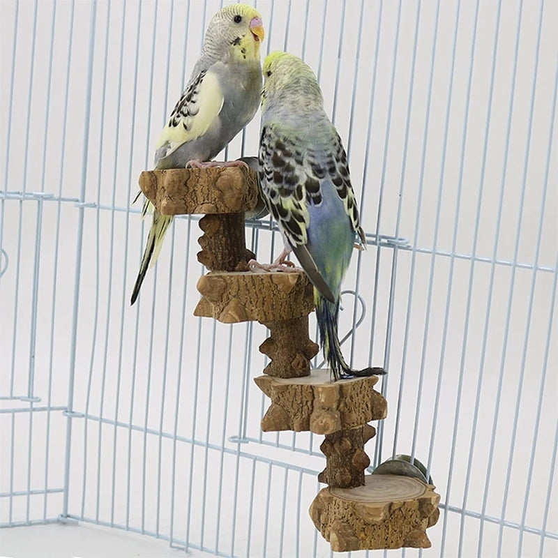 Bird Platform Perch, Natural Wood Stand, Playground for Budgie Parakeet, Large Parrot Cage, Climbing Toy 4 Steps Ladder 87HA