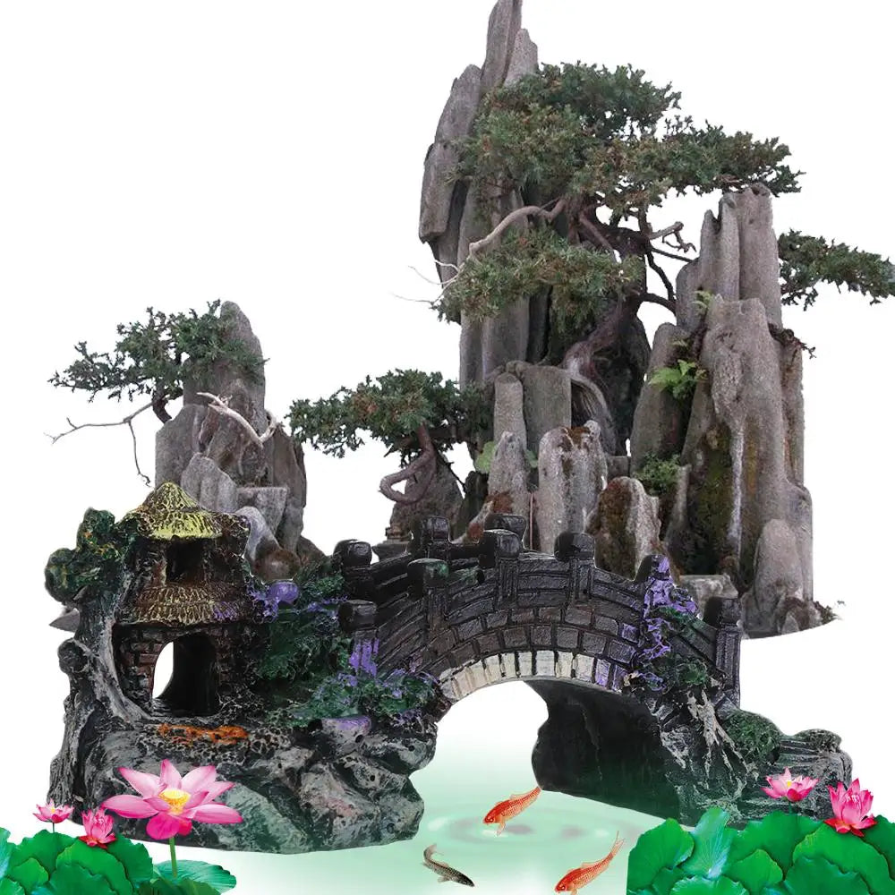 Aquarium Accessories, Arbor Tree, Plant Fake Landscaping, Fish Tank Ornament, Artificial Bridge Rockery Resin Aquarium Ornaments
