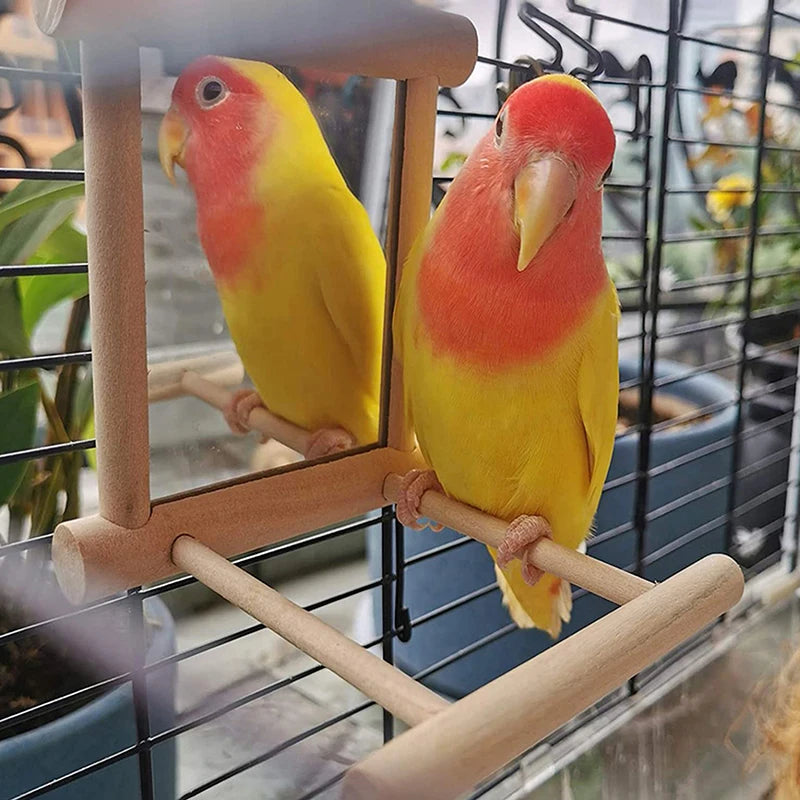 Bird Mirror, Wooden Interactive Play Toy With Perch For Small Birds, Parrot, Budgies, Parakeet, Cockatiel, Conure, Lovebirds Cage Accessories