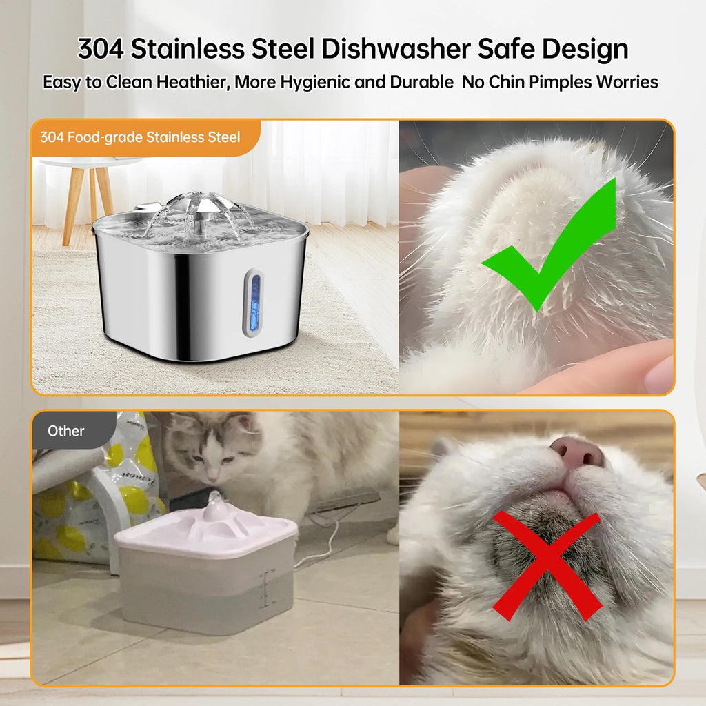 2.2L/74OZ Automatic Cat Fountain, Stainless Steel Pet Water Dispenser, Silent Water Pump, Circulation Filtering, Visual Window