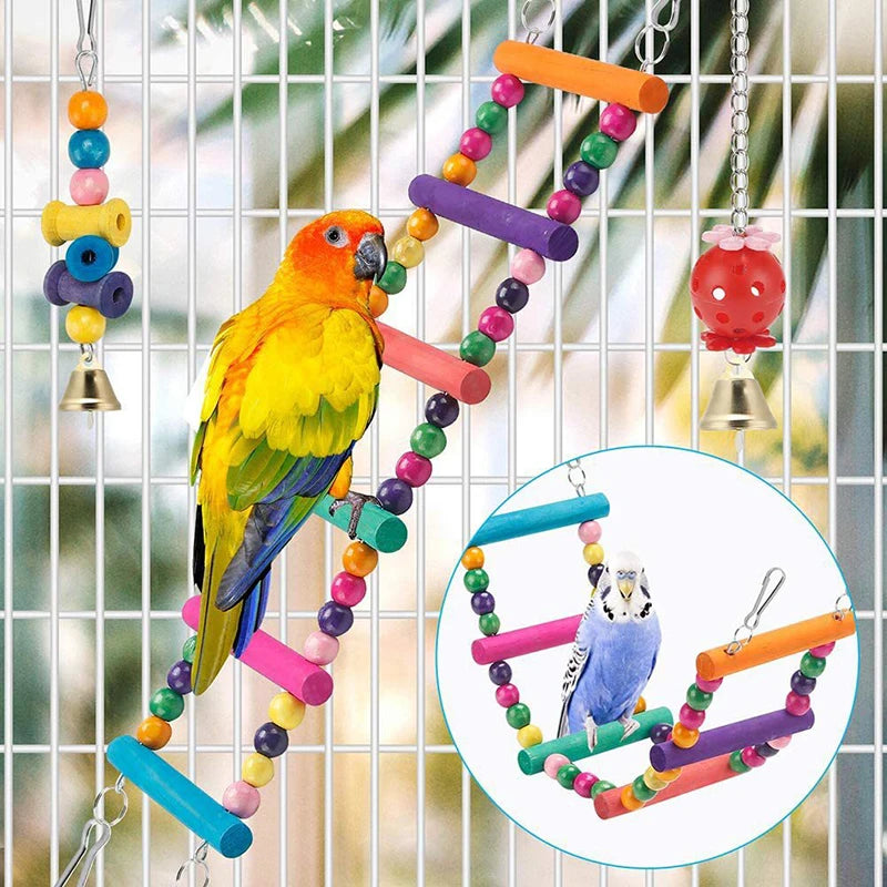 Bird Cage Toys for Parrots, Wood Birds, Swing Reliable, Chewable Bite, Bridge Wooden Beads, Shape Parrot Toy, 11pcs Bird Toys