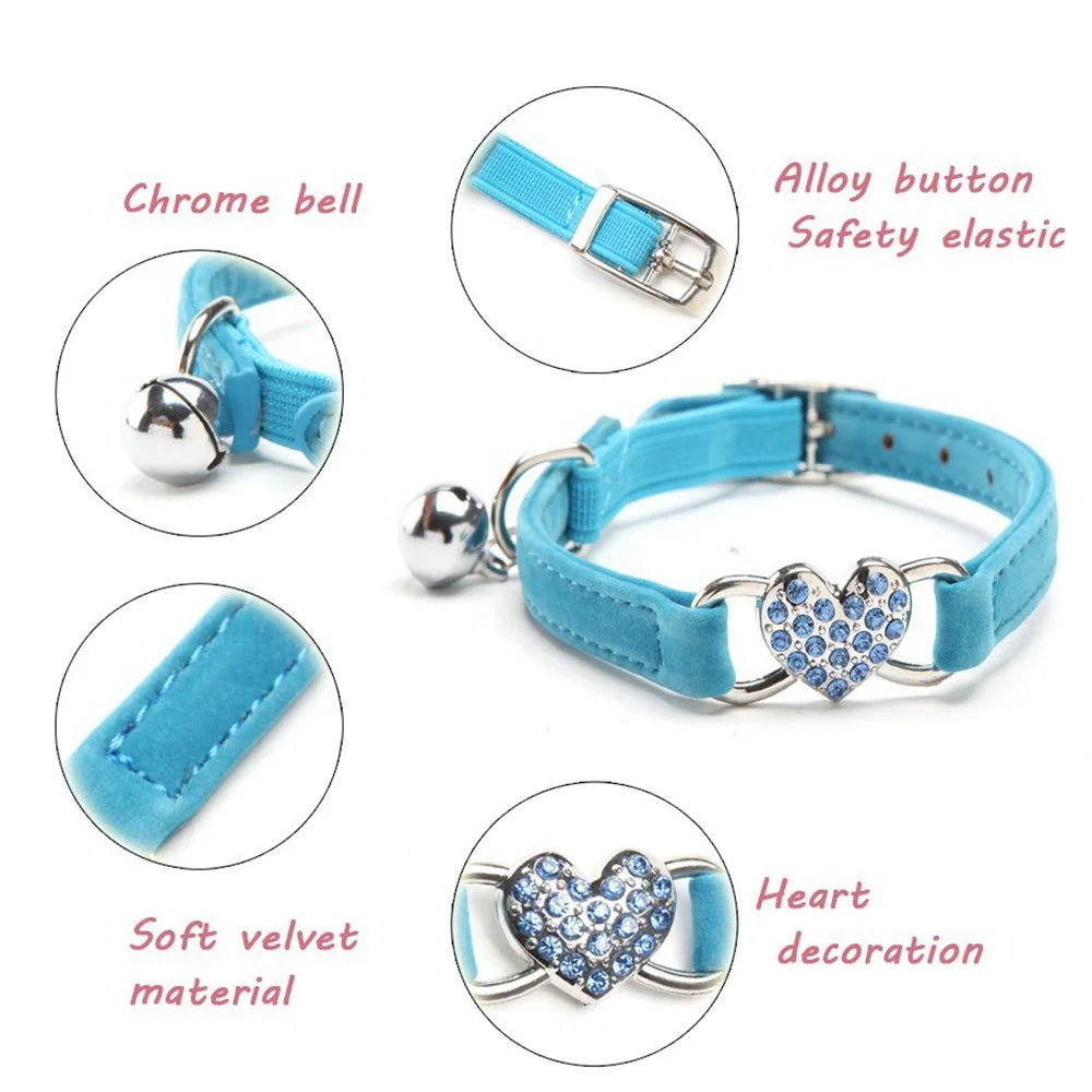 Soft, Comfortable, Plush Cat Collar, Faux Diamond, Heart Elastic Rubber Design with Bell Breakaway, Safety Essential, Pet Accessary