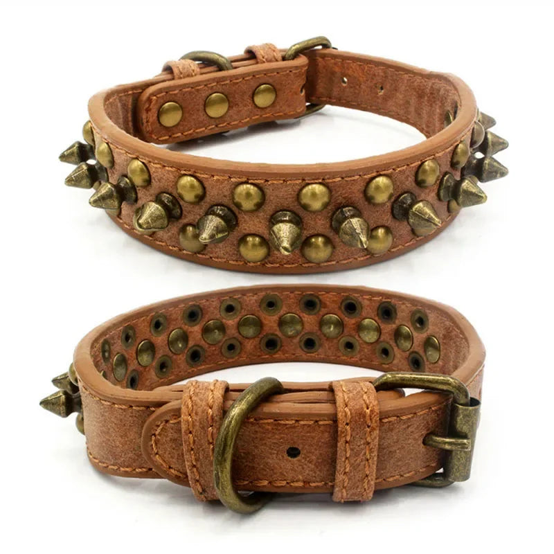 French Bulldog, Pitbull Dogs, Collar Retro Golden Rivet Studded Leather Pet Collar for Small. Medium. Large Dogs Spiked Neck Strap