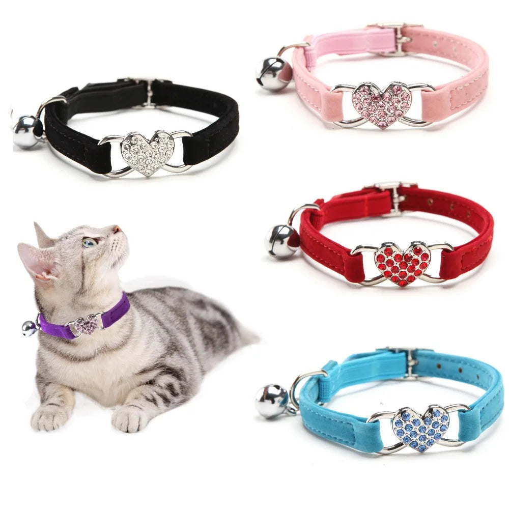 Soft, Comfortable, Plush Cat Collar, Faux Diamond, Heart Elastic Rubber Design with Bell Breakaway, Safety Essential, Pet Accessary