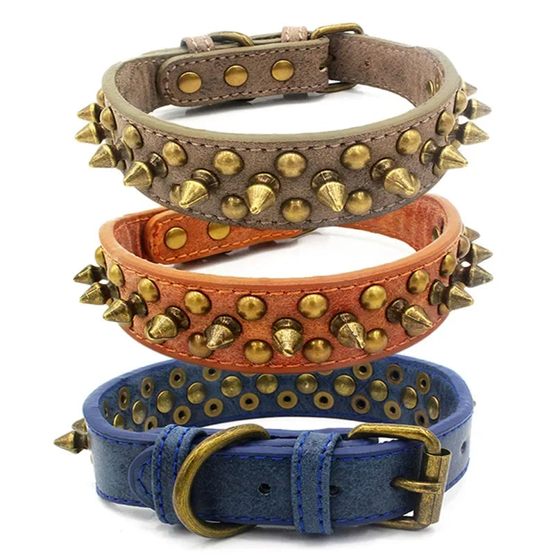 French Bulldog, Pitbull Dogs, Collar Retro Golden Rivet Studded Leather Pet Collar for Small. Medium. Large Dogs Spiked Neck Strap