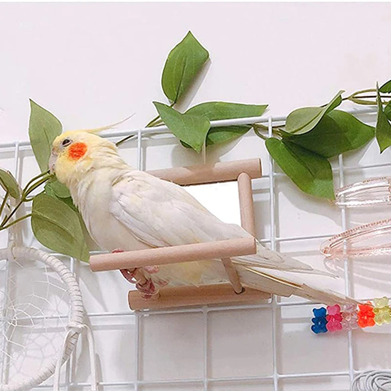 Bird Mirror, Wooden Interactive Play Toy With Perch For Small Birds, Parrot, Budgies, Parakeet, Cockatiel, Conure, Lovebirds Cage Accessories