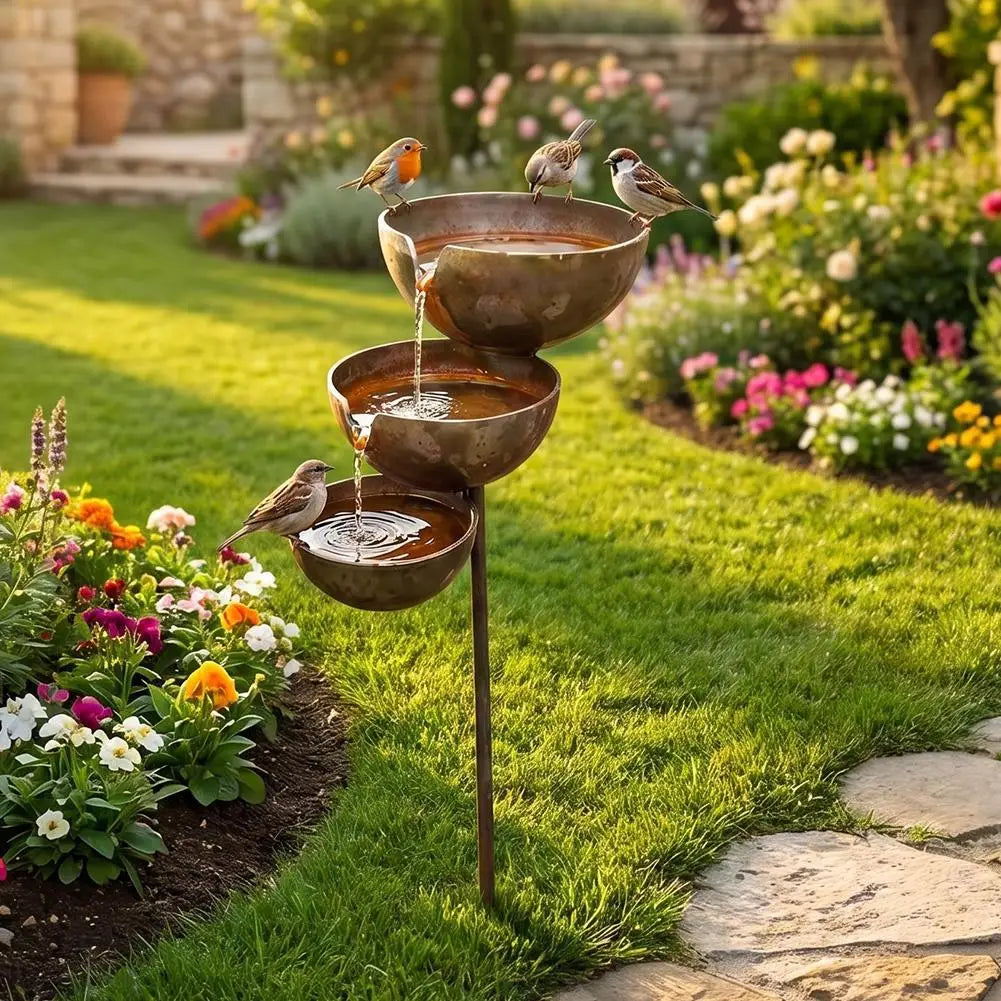 Bird Watering Bowl, Station 3 Layer with Metal Stake for Garden, Patio, Yard, Lawn Backyard Waterer ,Outdoor Decor