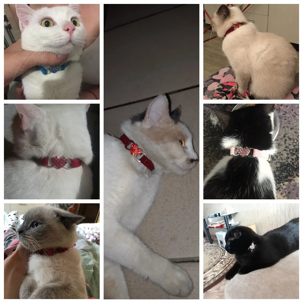 Soft, Comfortable, Plush Cat Collar, Faux Diamond, Heart Elastic Rubber Design with Bell Breakaway, Safety Essential, Pet Accessary