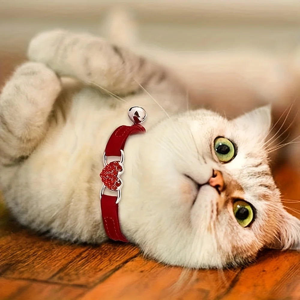 Soft, Comfortable, Plush Cat Collar, Faux Diamond, Heart Elastic Rubber Design with Bell Breakaway, Safety Essential, Pet Accessary