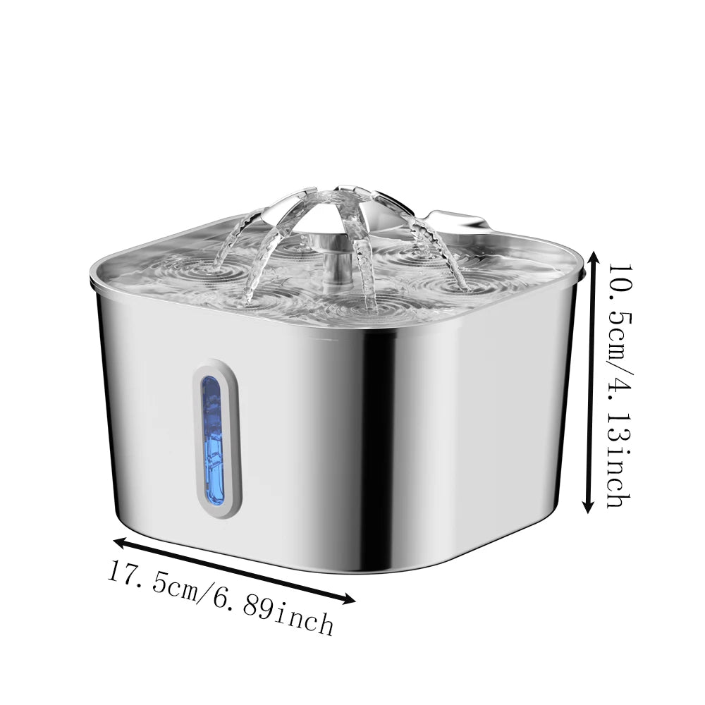 2.2L/74OZ Automatic Cat Fountain, Stainless Steel Pet Water Dispenser, Silent Water Pump, Circulation Filtering, Visual Window
