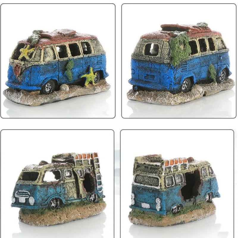 Aquarium Decoration, Decorative Ornaments, Resin Broken Bus Fish Tank Decoration, Simulation Decorative Rocks, Fish Tank Accessories