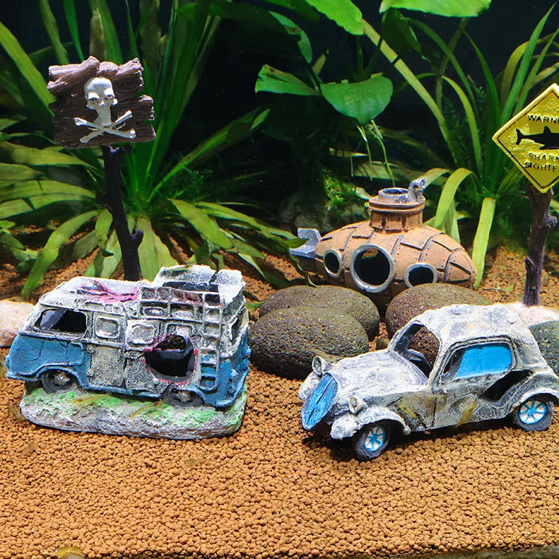 Aquarium Decoration, Decorative Ornaments, Resin Broken Bus Fish Tank Decoration, Simulation Decorative Rocks, Fish Tank Accessories