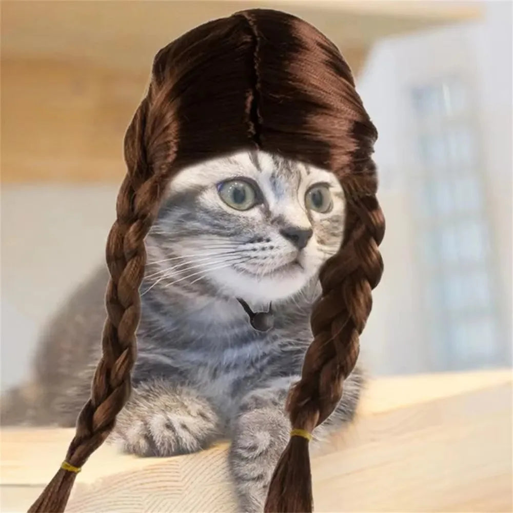 Fun, Braided Pigtail Brown, Pet Wig, for either cat or dog,  Adjustable Strap and makes a great Halloween Party costume.
