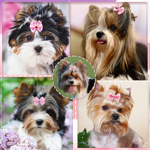10/20PCS Pink Style Dog Bows With Rubber Bands, Diamonds Cute Dog Bowknots Hair Accessories For Dogs, Pets and Puppy Bows