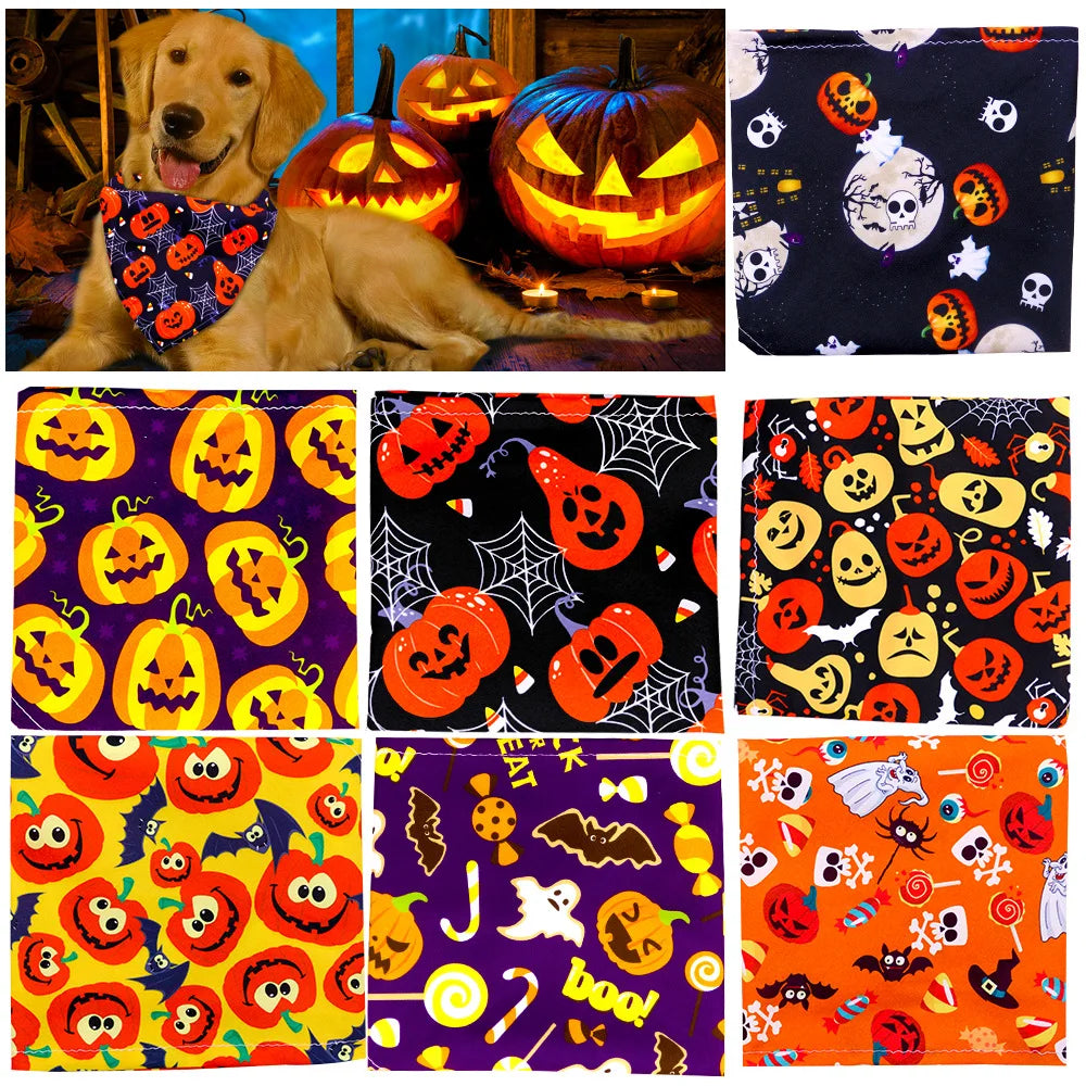 1 Pc Pet Dog Halloween Costume Scarf, Dog Bandana Accessories, Pumpkin Skull Bat & Ghost Pattern, Small Dog, Cat Bib, Pet Supplies