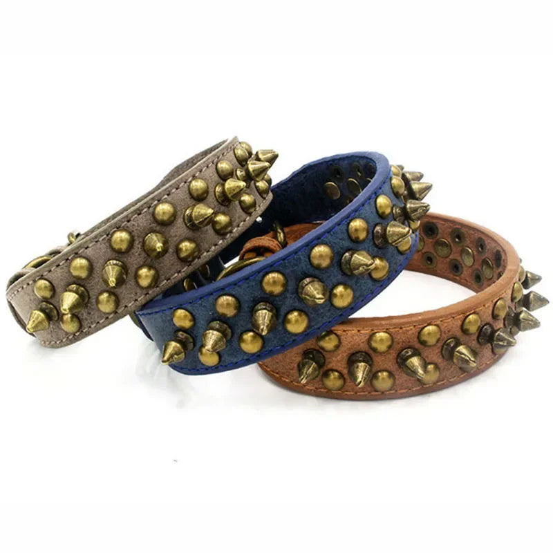 French Bulldog, Pitbull Dogs, Collar Retro Golden Rivet Studded Leather Pet Collar for Small. Medium. Large Dogs Spiked Neck Strap