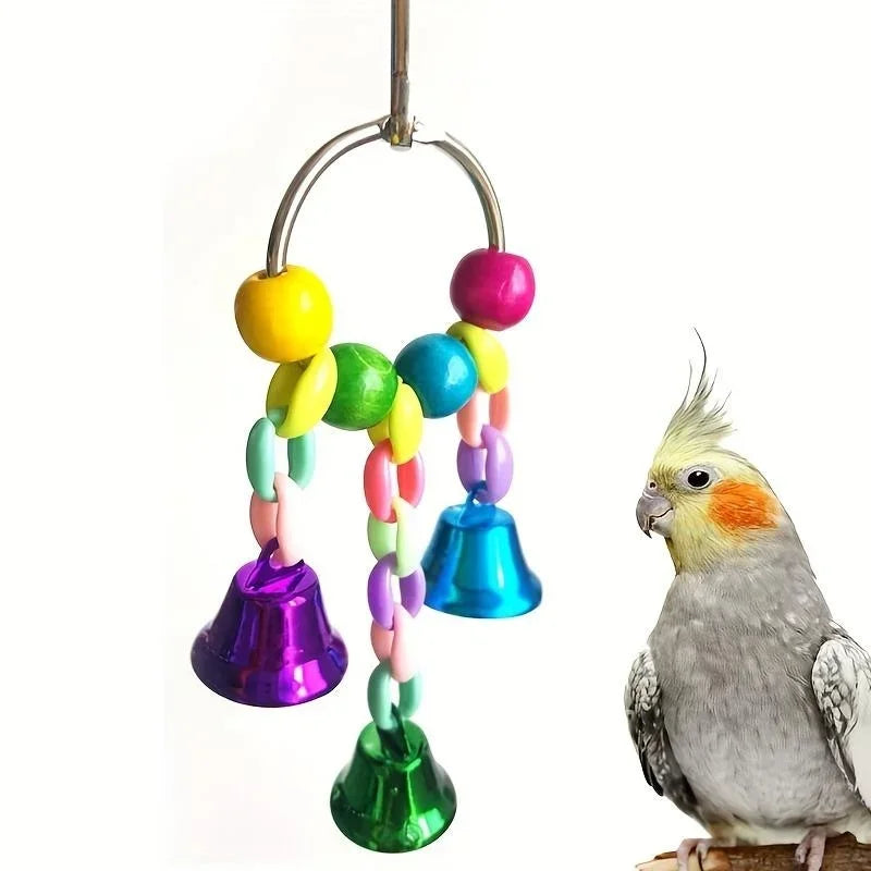 Bird Bells Toy, Hanging Cage Bell with Sweet Sound, Colorful Wood Beads and Bells for Lovebirds, African Greys, Cockatoo, and Parakeet Toy.