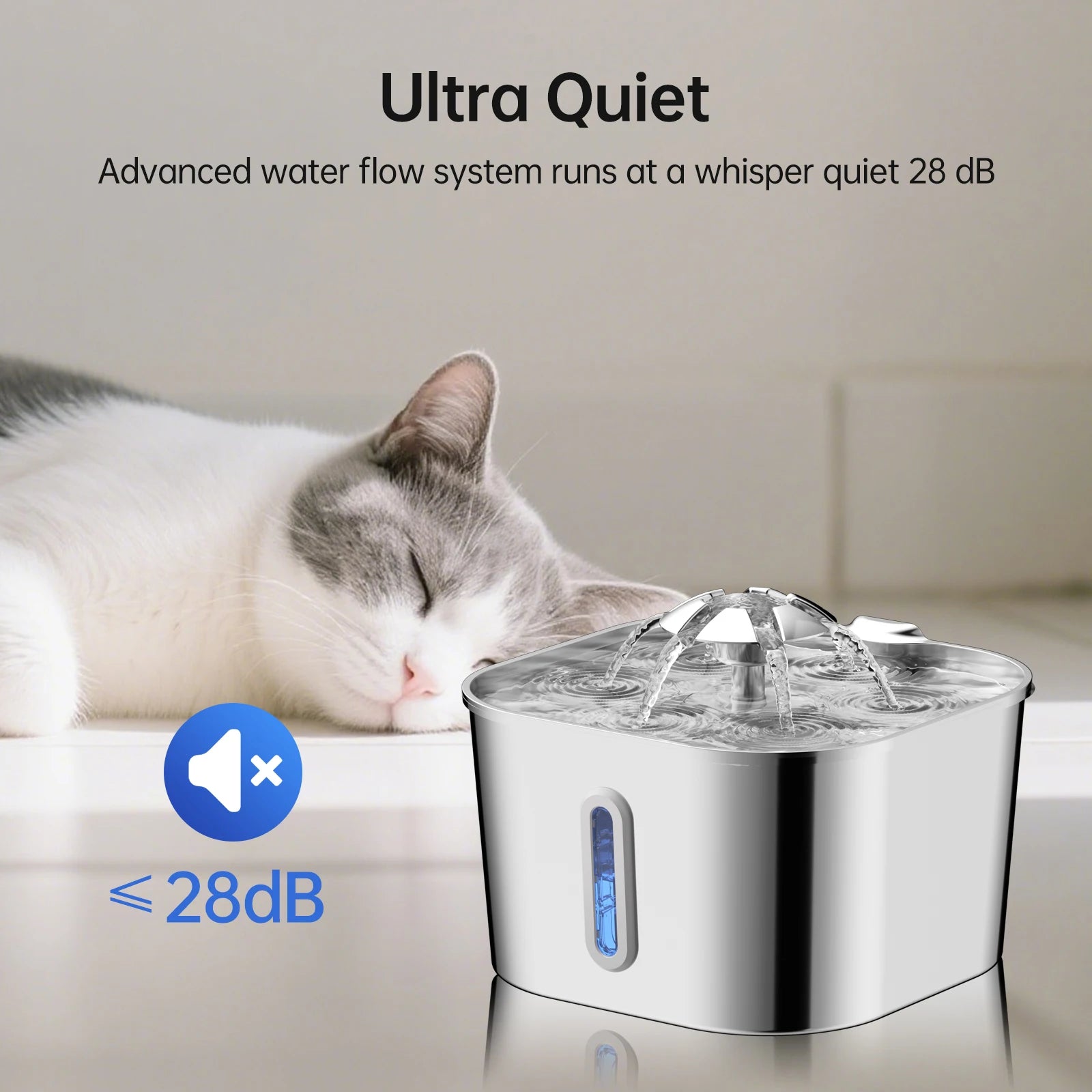 2.2L/74OZ Automatic Cat Fountain, Stainless Steel Pet Water Dispenser, Silent Water Pump, Circulation Filtering, Visual Window