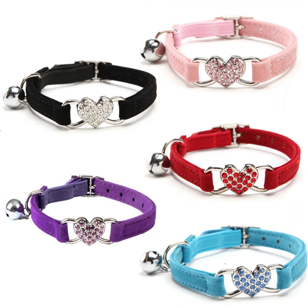 Soft, Comfortable, Plush Cat Collar, Faux Diamond, Heart Elastic Rubber Design with Bell Breakaway, Safety Essential, Pet Accessary