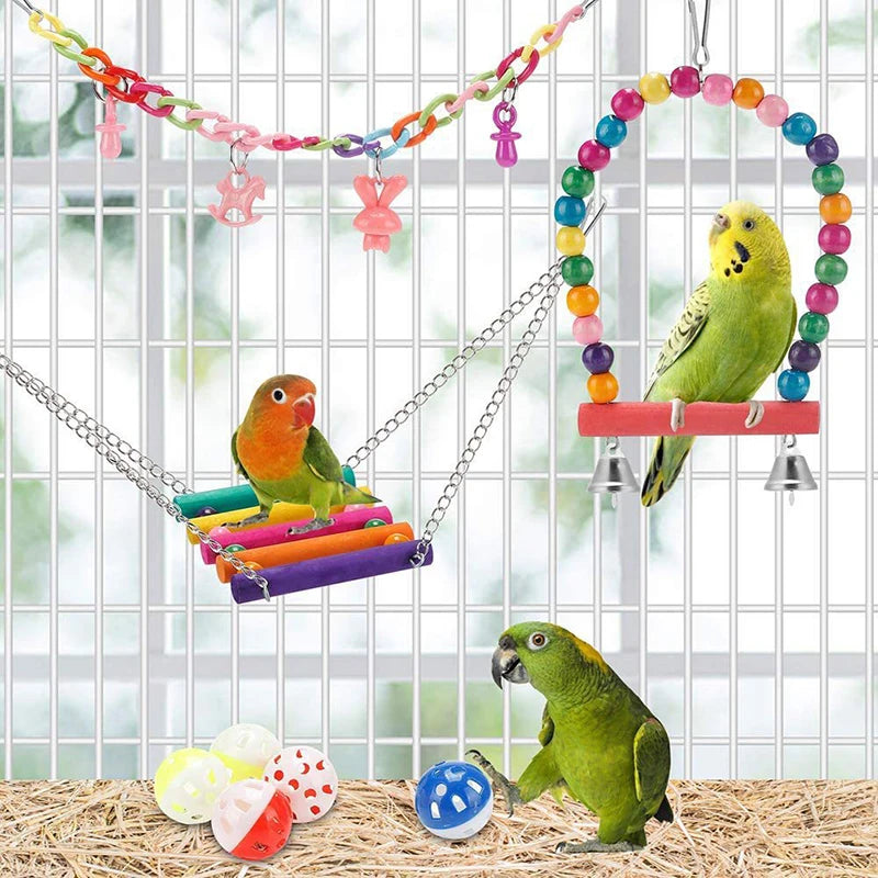 Bird Cage Toys for Parrots, Wood Birds, Swing Reliable, Chewable Bite, Bridge Wooden Beads, Shape Parrot Toy, 11pcs Bird Toys