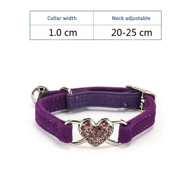 Soft, Comfortable, Plush Cat Collar, Faux Diamond, Heart Elastic Rubber Design with Bell Breakaway, Safety Essential, Pet Accessary