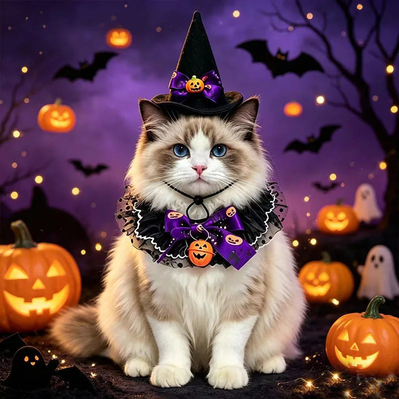 Halloween Pet Costume Set for a Witch, Hat Bandana Costume, Scarf, Cute Halloween Cosplay for Cats, Small Dogs, Kittens, Cats and Puppy Party Photo Prop