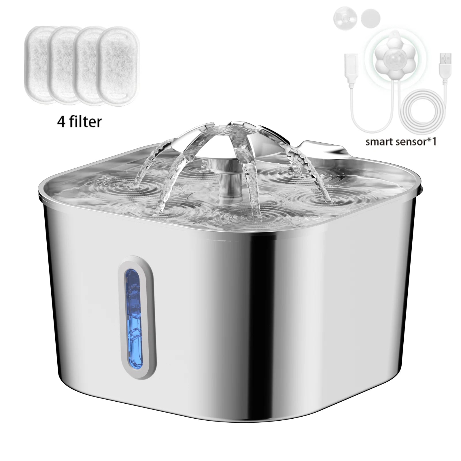 2.2L/74OZ Automatic Cat Fountain, Stainless Steel Pet Water Dispenser, Silent Water Pump, Circulation Filtering, Visual Window