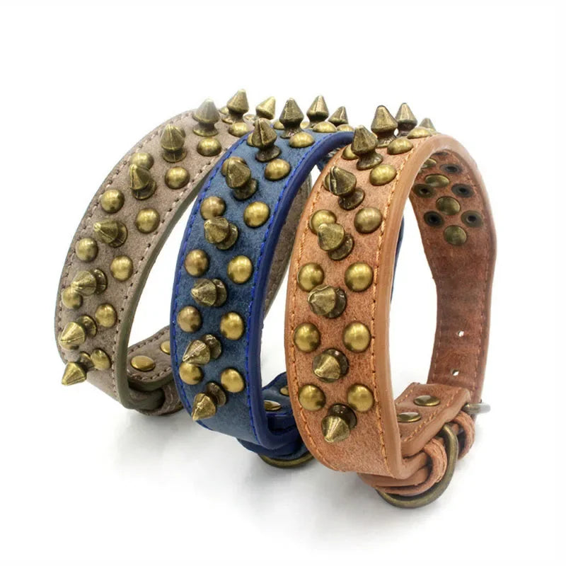 French Bulldog, Pitbull Dogs, Collar Retro Golden Rivet Studded Leather Pet Collar for Small. Medium. Large Dogs Spiked Neck Strap