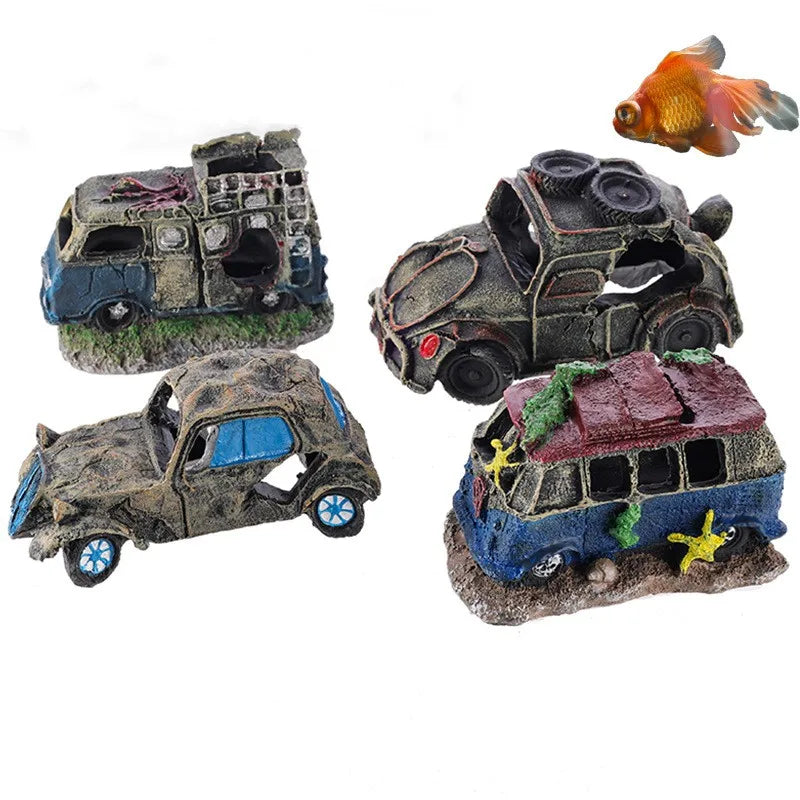 Aquarium Decoration, Decorative Ornaments, Resin Broken Bus Fish Tank Decoration, Simulation Decorative Rocks, Fish Tank Accessories