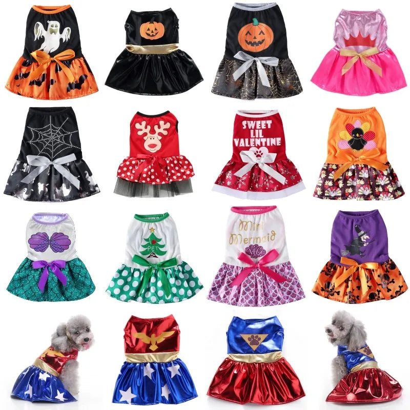 Various Christmas and Halloween Costumes.  We have everything from a  Princess Skirt,  Bat Print Costume, Fashion Bow Dresses, and Fancy Pet Outfits. Fits cats, dogs and puppies.