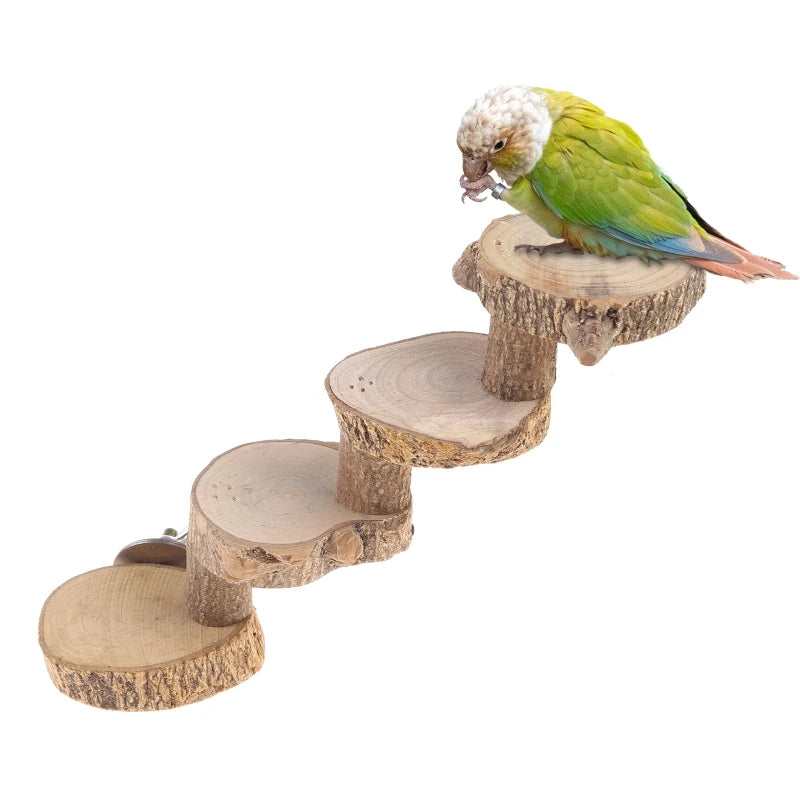 Bird Platform Perch, Natural Wood Stand, Playground for Budgie Parakeet, Large Parrot Cage, Climbing Toy 4 Steps Ladder 87HA