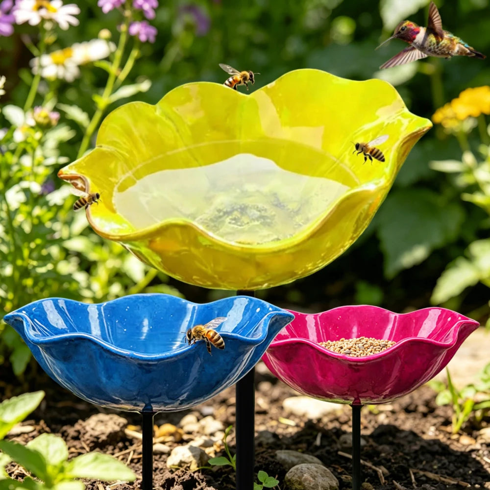Flower Shaped Bee Watering Station Metal Flower Garden Stake Bird Bath Butterfly Water Feeder Garden Bird Bath Bowls for Outside