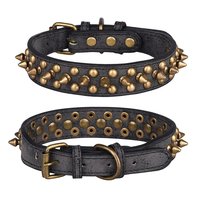 French Bulldog, Pitbull Dogs, Collar Retro Golden Rivet Studded Leather Pet Collar for Small. Medium. Large Dogs Spiked Neck Strap