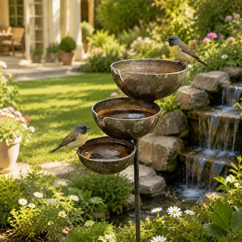 Bird Watering Bowl, Station 3 Layer with Metal Stake for Garden, Patio, Yard, Lawn Backyard Waterer ,Outdoor Decor