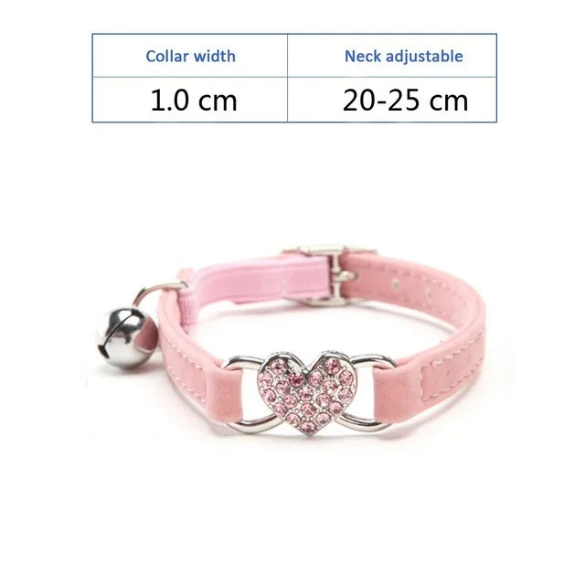 Soft, Comfortable, Plush Cat Collar, Faux Diamond, Heart Elastic Rubber Design with Bell Breakaway, Safety Essential, Pet Accessary