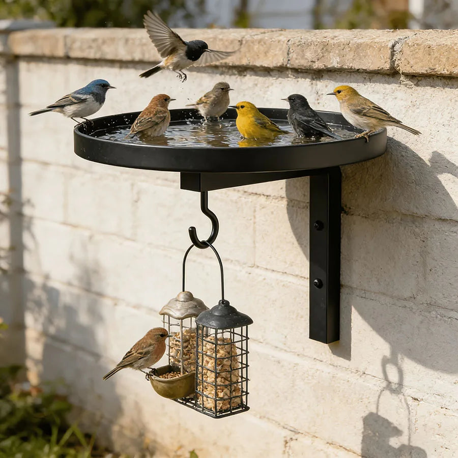 Wall Mounted Metal Bird Bath with Feeder Hook, Durable Bowl for Outdoor, Easy Install for Garden, Patio & Fence, Ideal for Birds