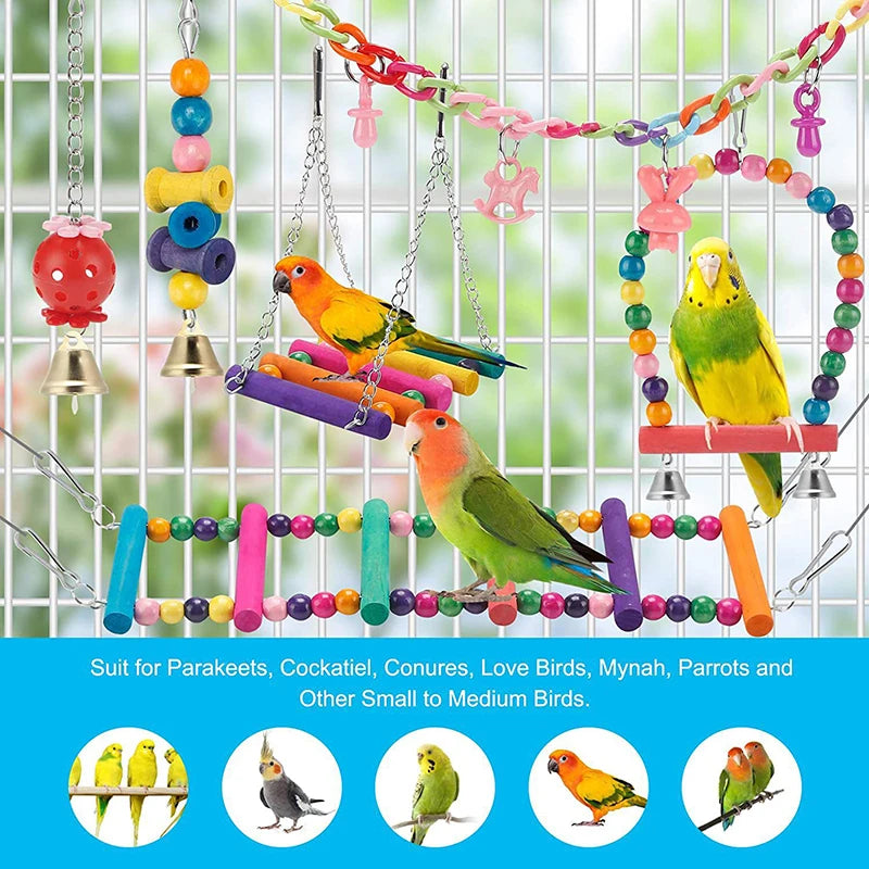 Bird Cage Toys for Parrots, Wood Birds, Swing Reliable, Chewable Bite, Bridge Wooden Beads, Shape Parrot Toy, 11pcs Bird Toys