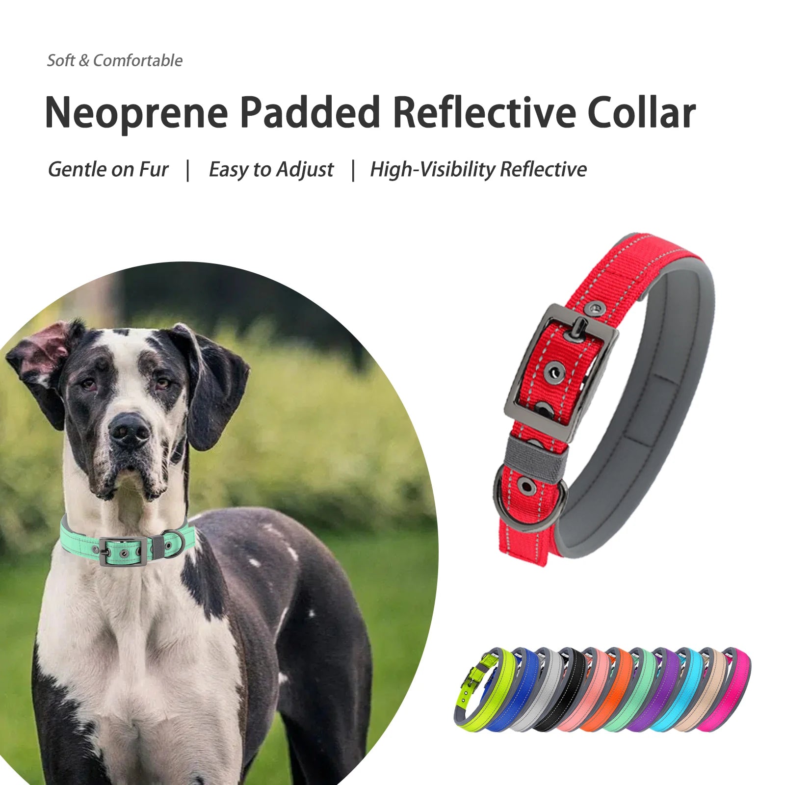 Dog Collar for Large Dogs, Neoprene Padded and Adjustable Reflective Wide Heavy Duty Pet Collars with Durable Metal Belt Buckle