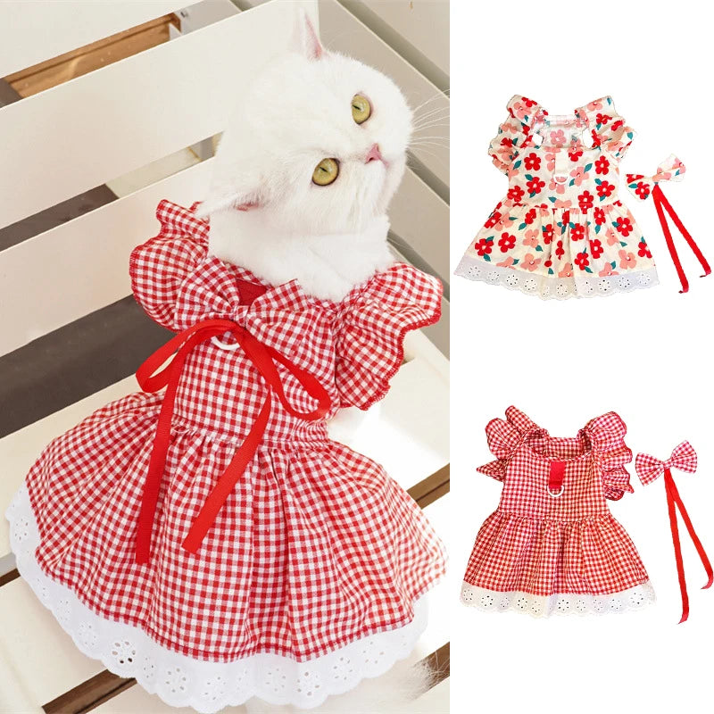 Summer Pet Dress,  Floral Pattern Plaid Skirts, Cat Princess Dresses, also look adorable on Chihuahuas, Yorkies and other small animals, Sweet Skirts, Puppy Dog Costume, Pet Supplies