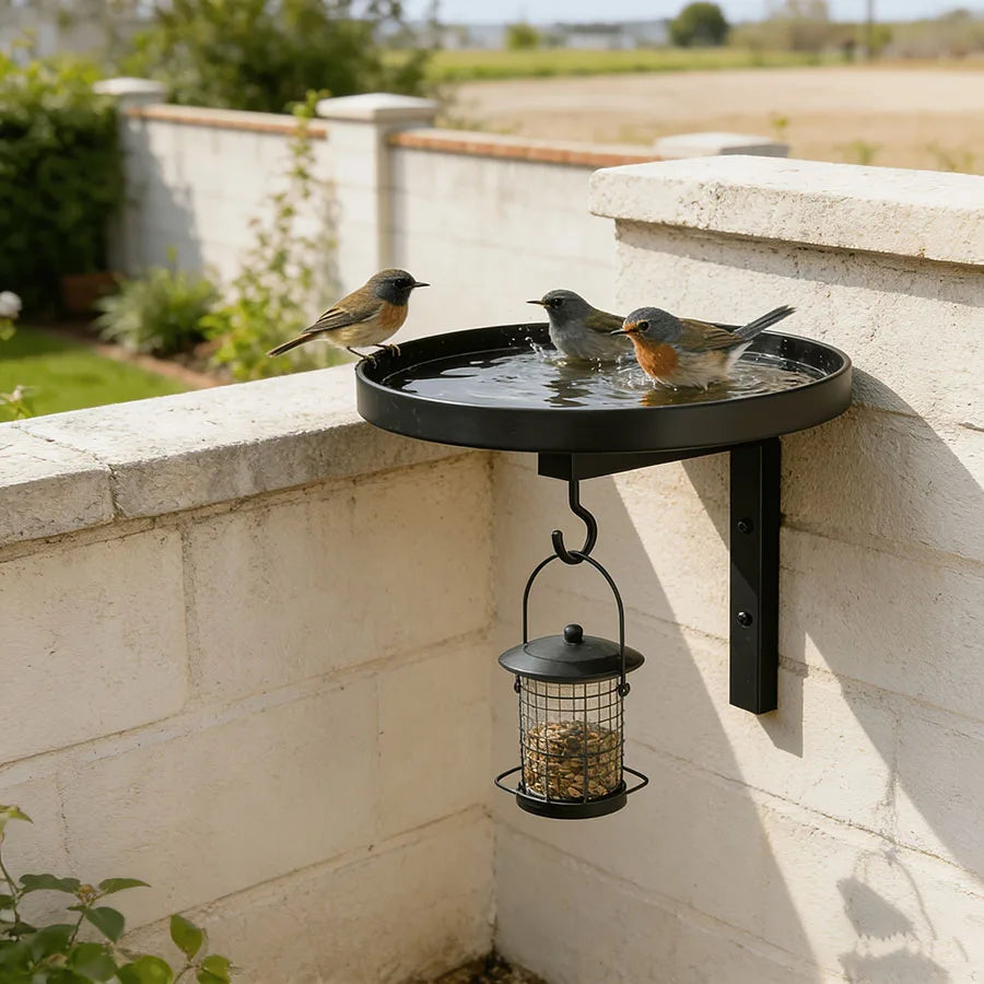 Wall Mounted Metal Bird Bath with Feeder Hook, Durable Bowl for Outdoor, Easy Install for Garden, Patio & Fence, Ideal for Birds